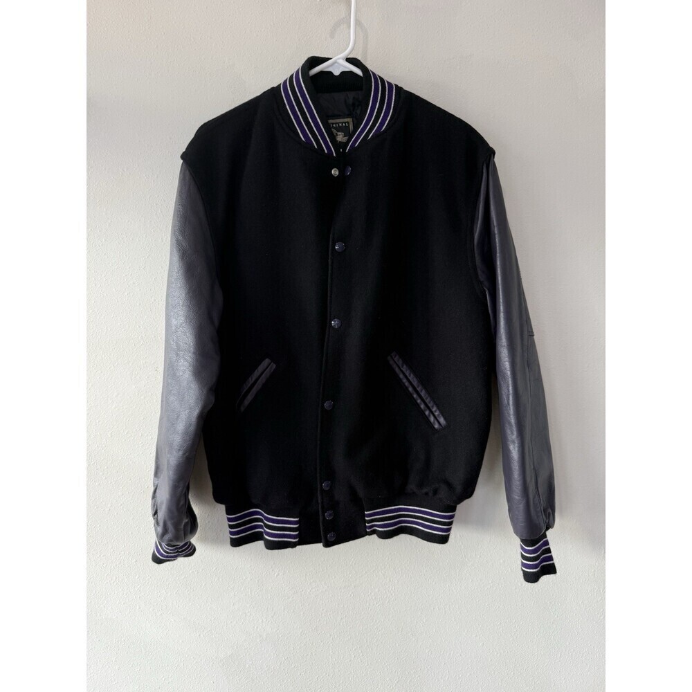 Vintage Leather Varsity Jacket Men Medium Black Wool Holloway Letterman Made USA